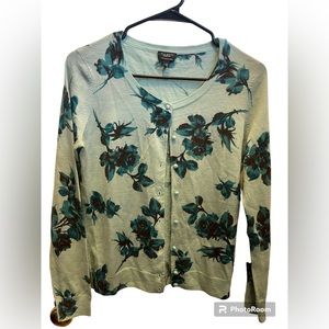 Talbots Cardigan Sweater size XS Blue Floral Merino Wool Fine Gauge.
